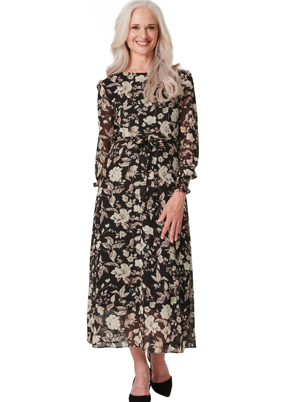 Izabel London Черное винтажное чайное платье миди с цветочным принтом