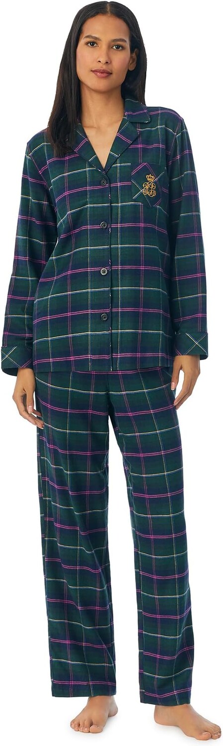 

Пижамный комплект с воротником из матового твила и длинными рукавами LAUREN Ralph Lauren, цвет Green Plaid