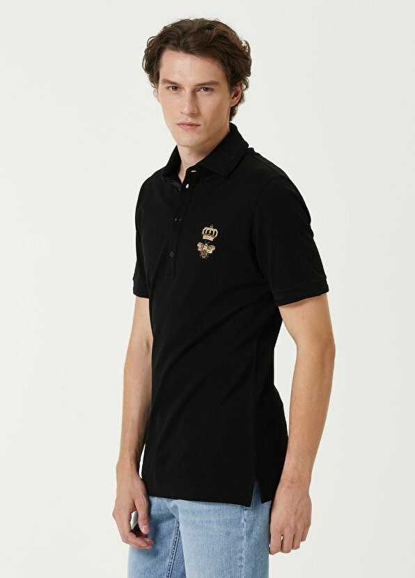 Черная футболка с воротником-поло с вышивкой Dolce&Gabbana