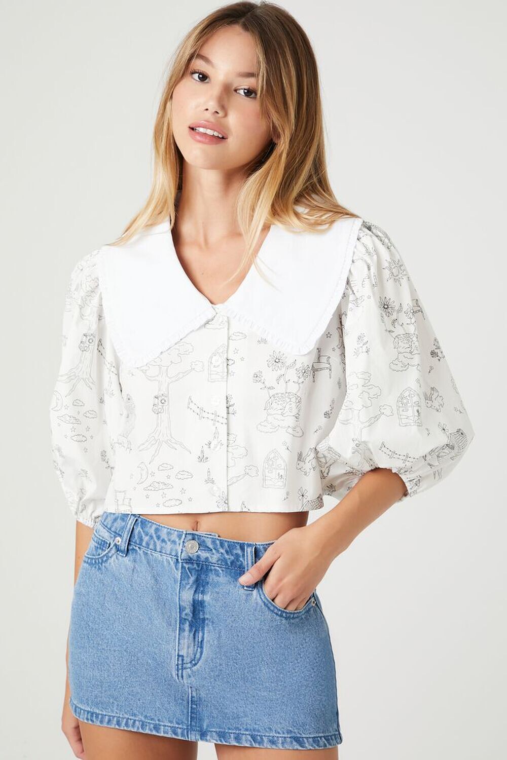 

Рубашка с широким воротником и принтом Doodle Forever 21, белый
