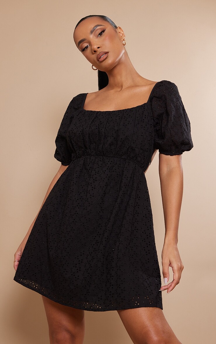 

PrettyLittleThing Черное платье прямого кроя с пышными рукавами Broderie Anglaise, Черный