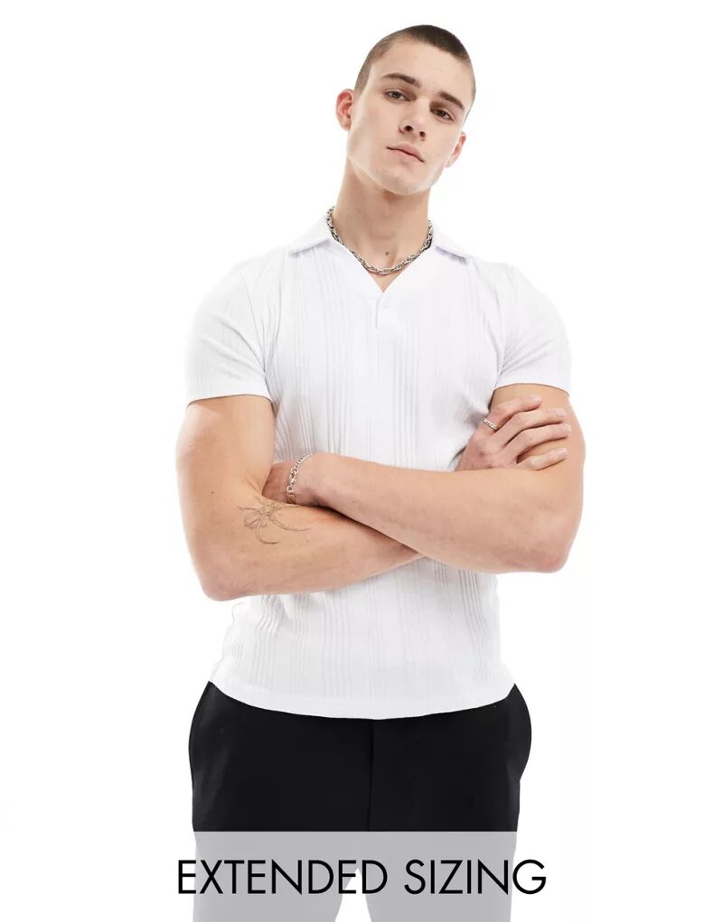 Белая приталенная рубашка-поло в рубчик ASOS
