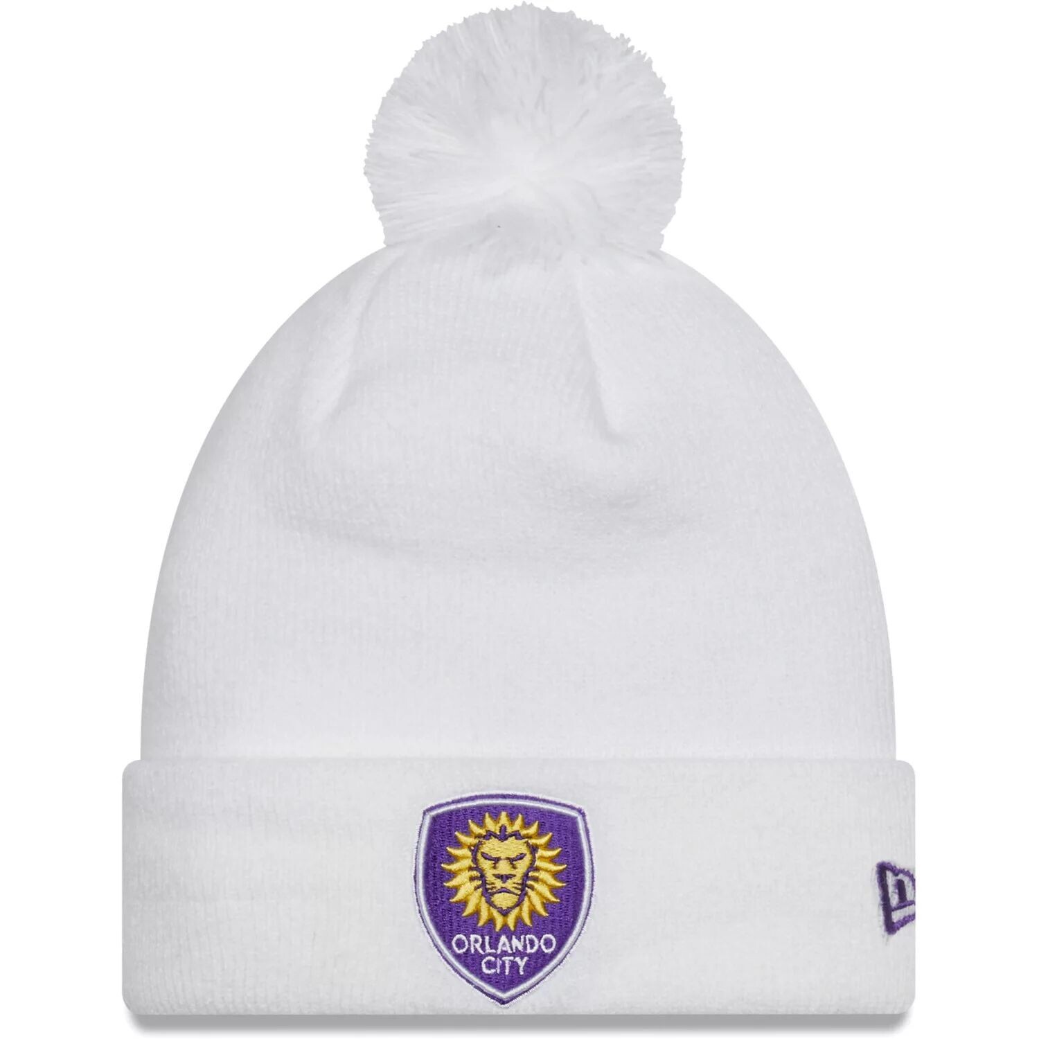 

Мужская вязаная шапка New Era White Orlando City SC из джерси с манжетами на крючках и помпоном