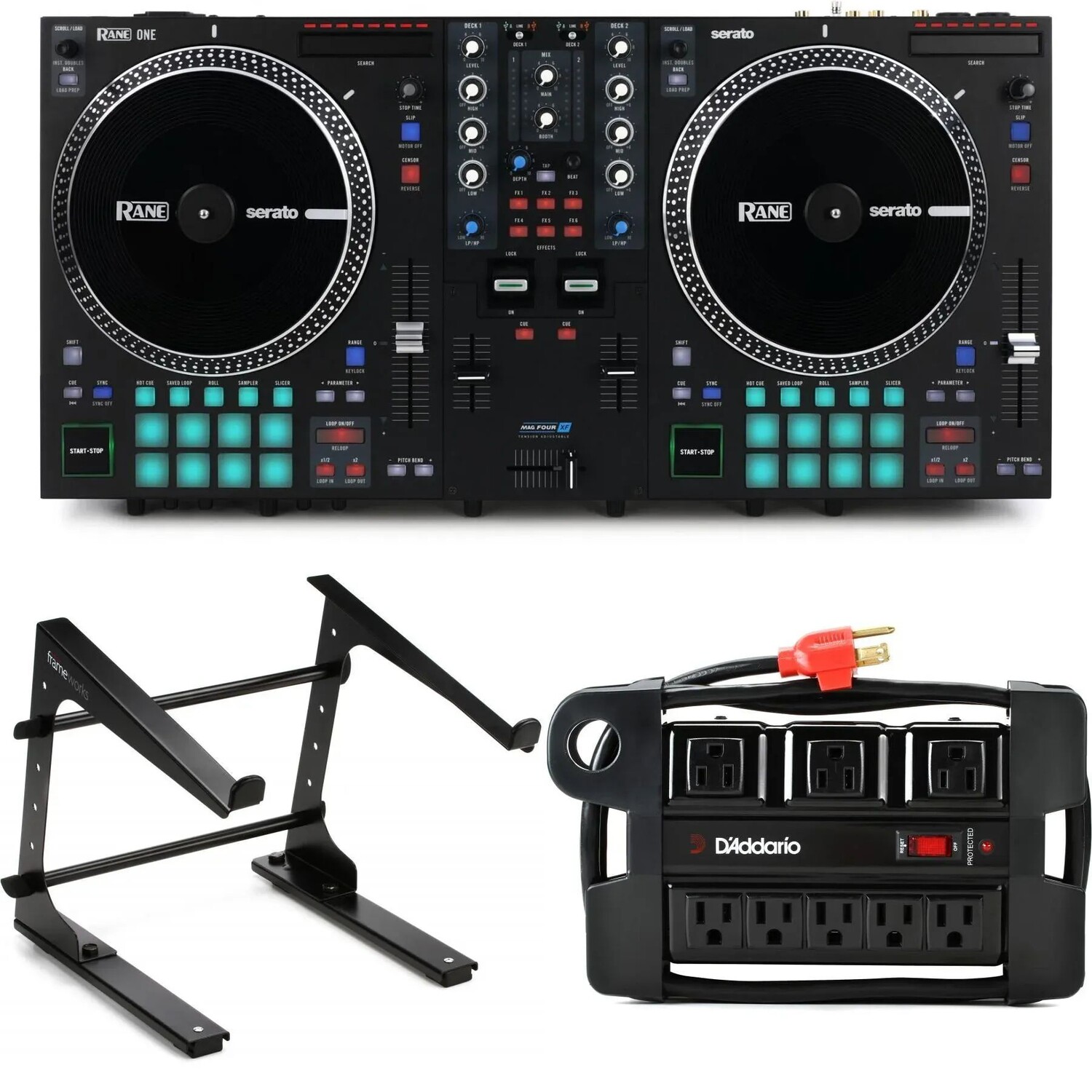 

2-канальный моторизованный DJ-контроллер Rane One с подставкой для ноутбука и блоком питания