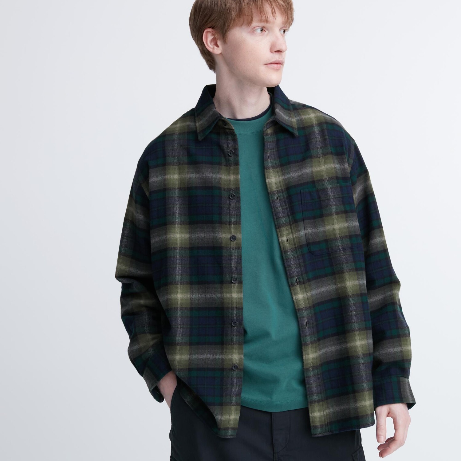 

Фланелевая рубашка в клетку с длинным рукавом Uniqlo, темно-зеленый