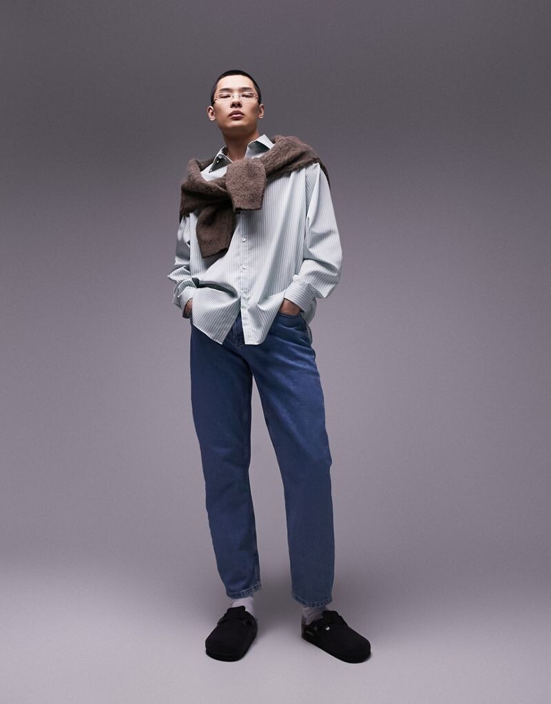 

Topman – хлопковая рубашка оверсайз с длинными рукавами и зелеными полосками