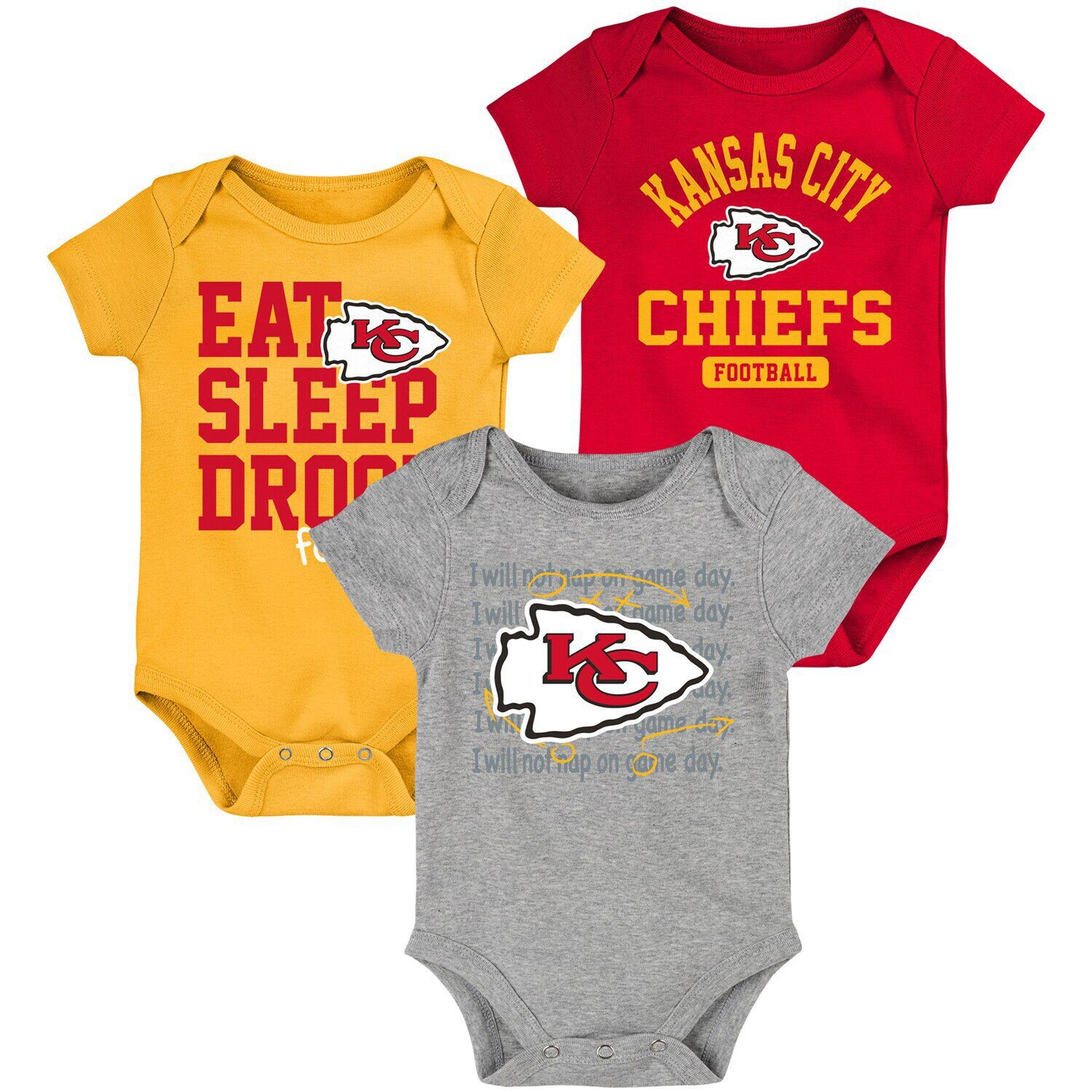 

Красный/желтый комплект боди для новорожденных и младенцев Kansas City Chiefs Eat, Sleep, Drool Football, состоящий из трех частей Outerstuff