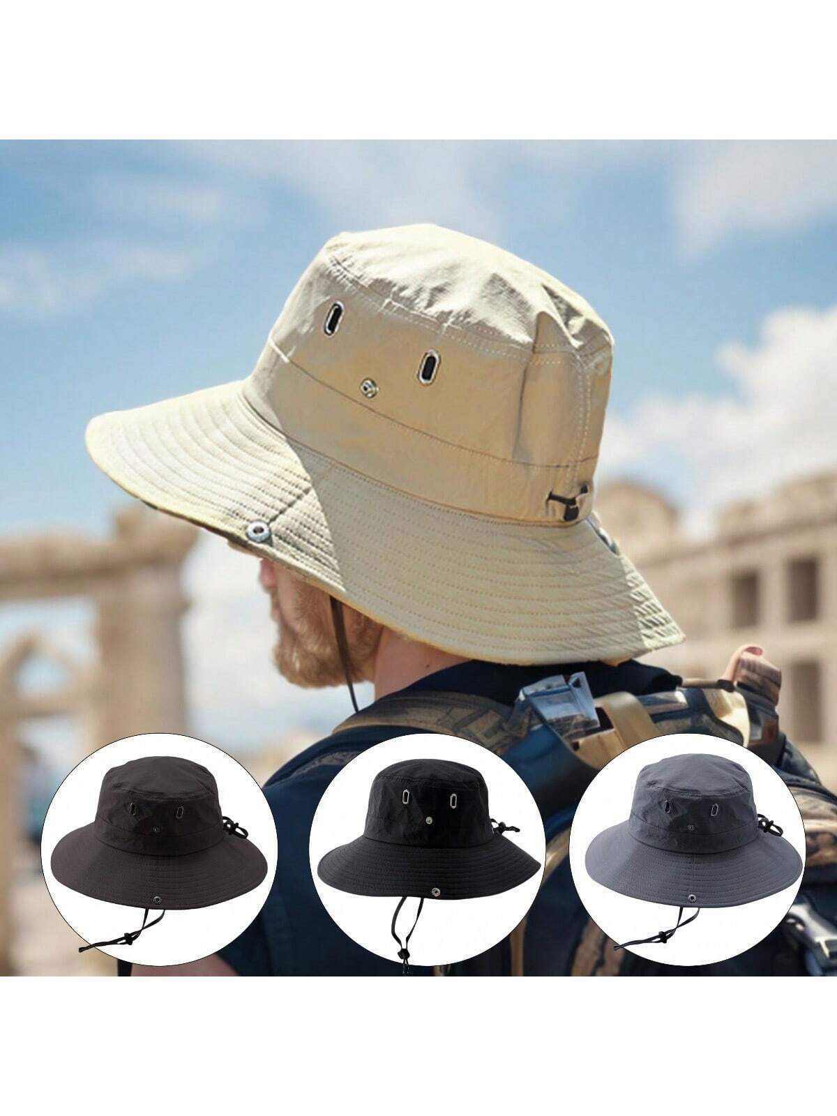 1 шт. Мужская уличная солнцезащитная шляпа с регулируемым ремешком на подбородке и большими полями для кемпинга, многоцветный