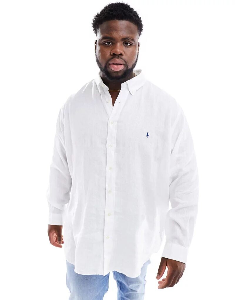 

Белая льняная рубашка Polo Ralph Lauren Big & Tall с логотипом бренда и классическим кроем оверсайз