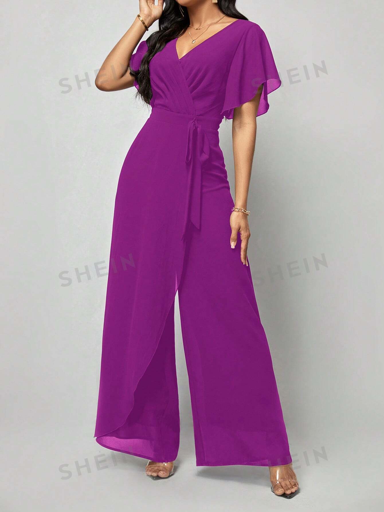 shein ezwear женский комбинезон с широкими штанинами и изогнутым вырезом черный SHEIN Clasi Женский однотонный плиссированный комбинезон с запахом и завязывающимся поясом, красный фиолетовый