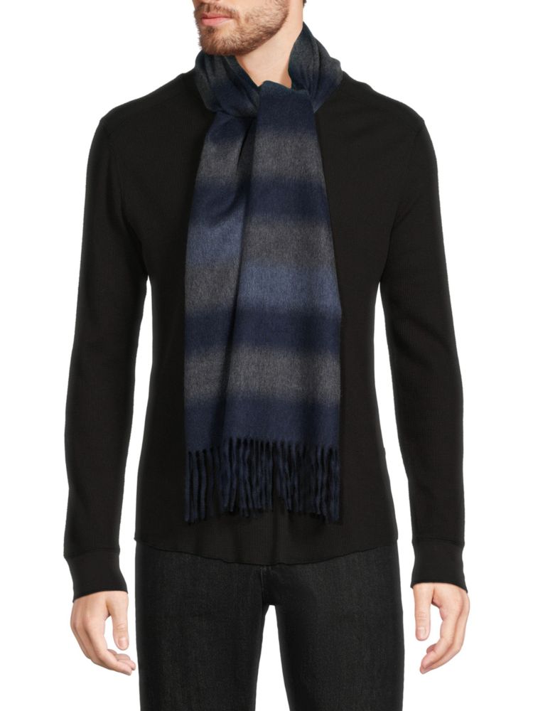Полосатый кашемировый шарф с бахромой и эффектом омбре Saks Fifth Avenue, темно-синий