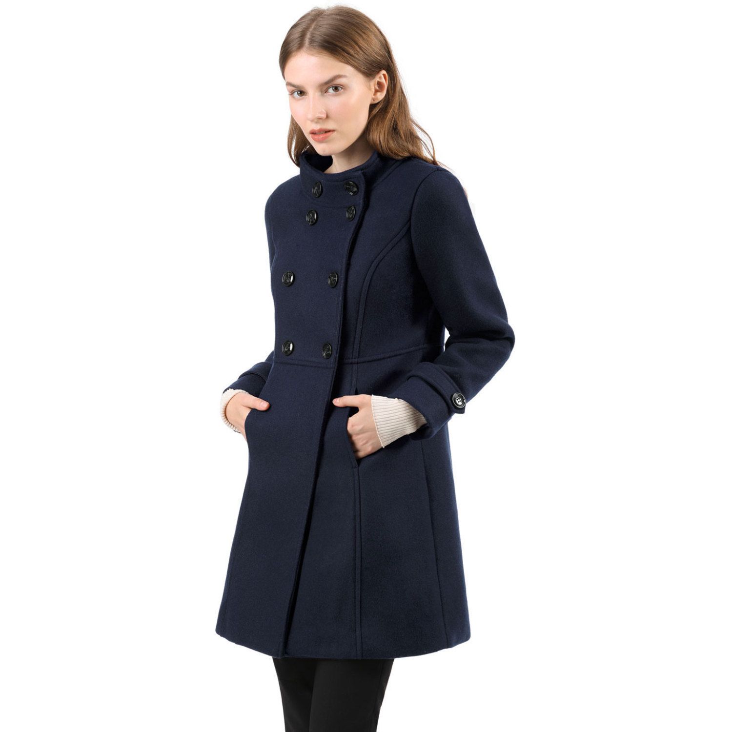 Женское двубортное модное зимнее пальто с воротником-стойкой и длинными рукавами ALLEGRA K, синий