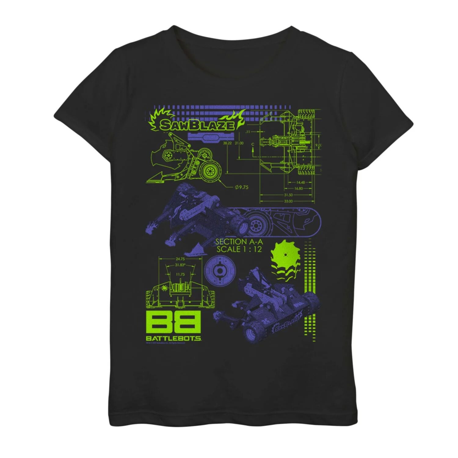 

Футболка с неоновым плакатом и графикой для девочек 7–16 лет BattleBots Saw Blaze Schematics Licensed Character