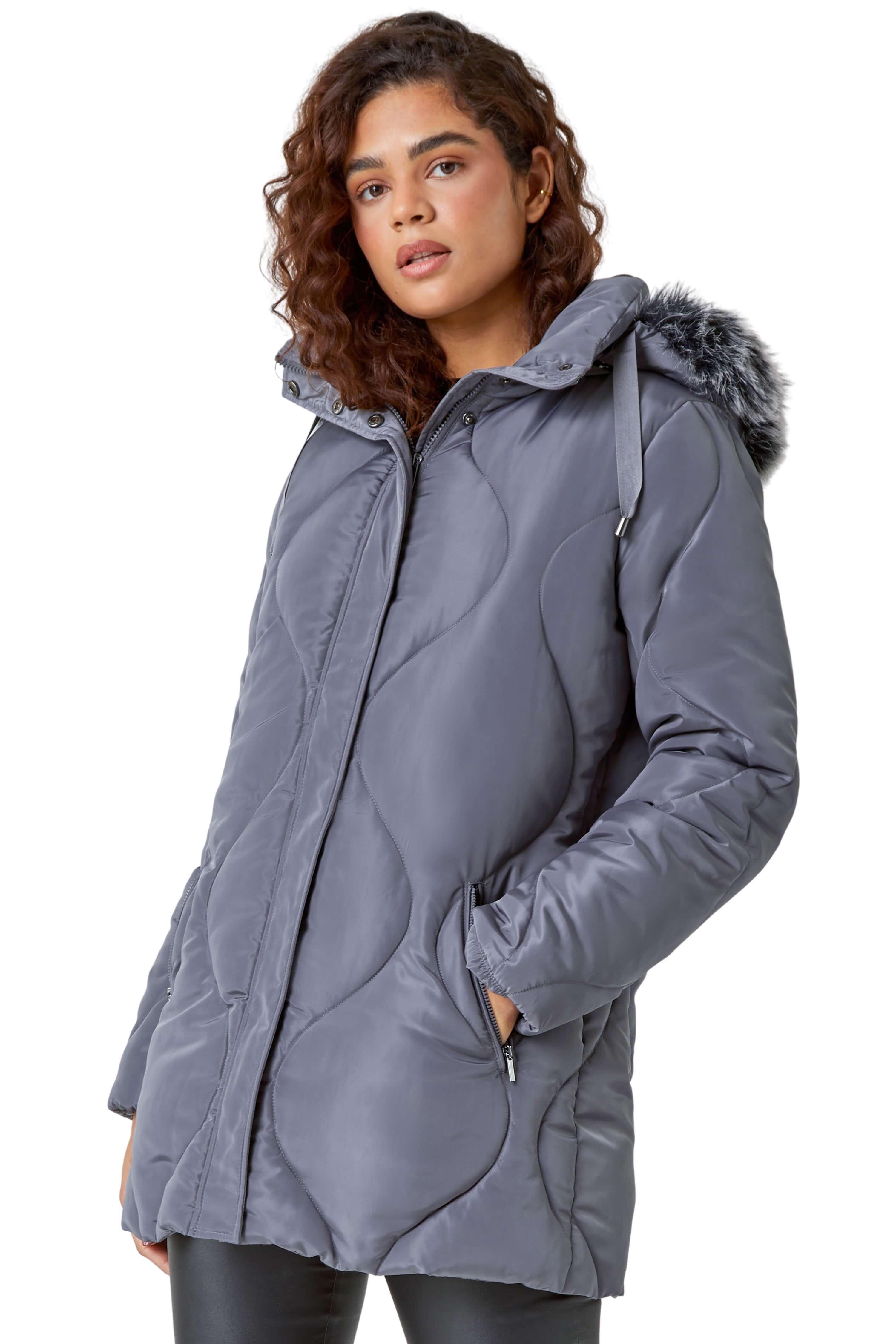 Стеганое пальто с капюшоном из искусственного меха Roman, серый новинка стильные кашемировые пальто женские пальто из овечьего меха шерстяная рубашка с длинным рукавом модные зимние теплые мягкие пар
