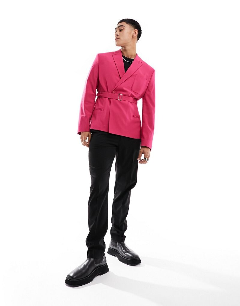 

Розовый узкий пиджак с поясом ASOS DESIGN
