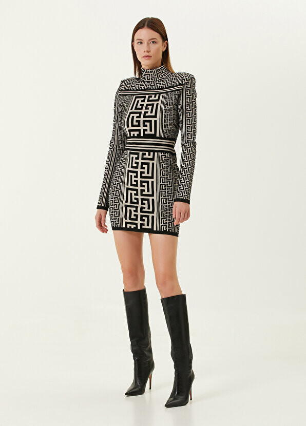 

Черно-белое жаккардовое мини-платье с логотипом из шерсти Balmain