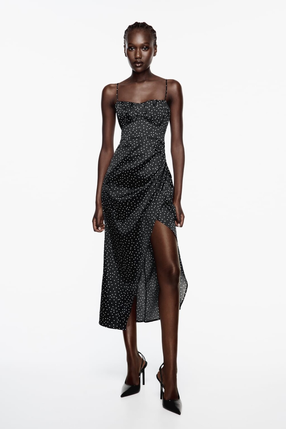 

Атласное корсетное платье в горошек ZARA, черный