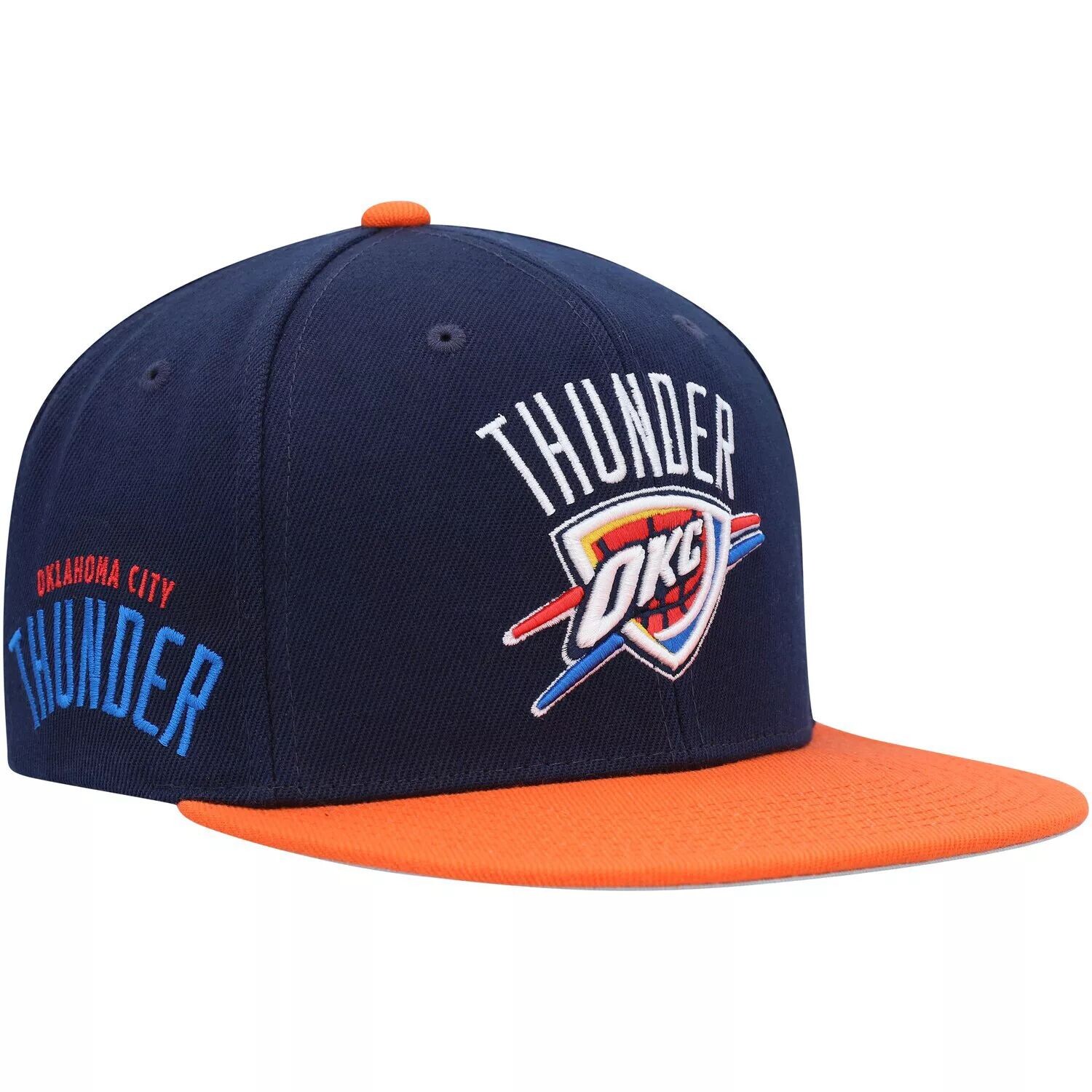 

Мужская кепка Mitchell & Ness темно-синего/оранжевого цвета с логотипом Oklahoma City Thunder Side Core 2.0 Snapback