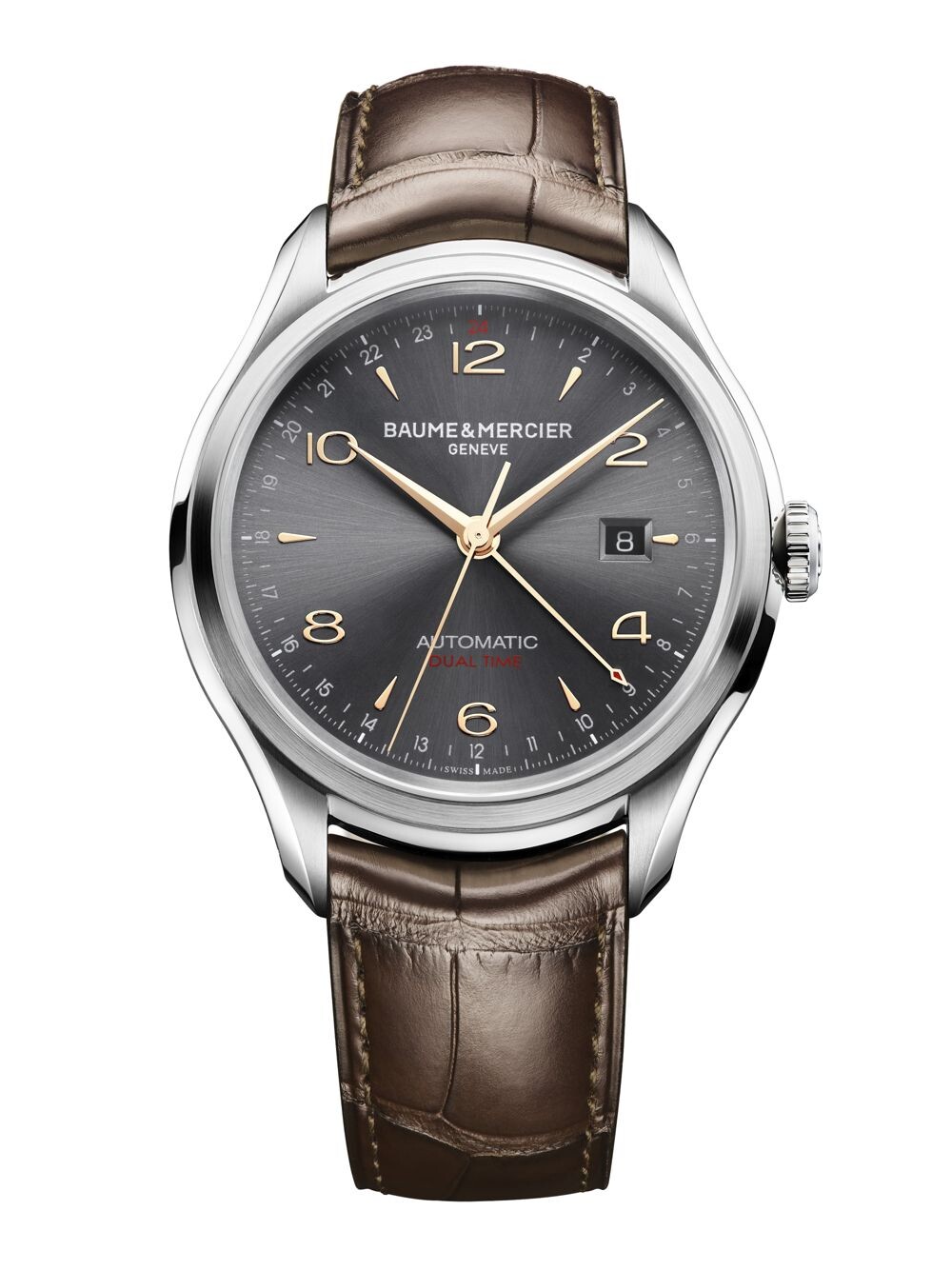 

Часы Clifton Dual Time из нержавеющей стали с ремешком из кожи аллигатора Baume & Mercier, серебряный