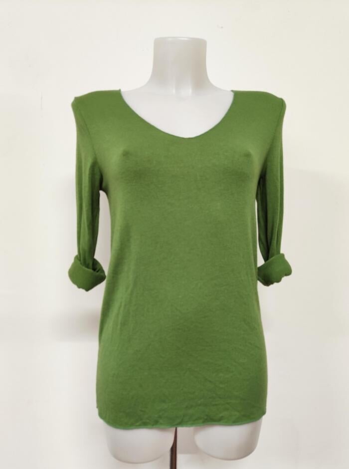 

Wool Mix Топ с длинными рукавами и V-образным вырезом, оливково-желтый