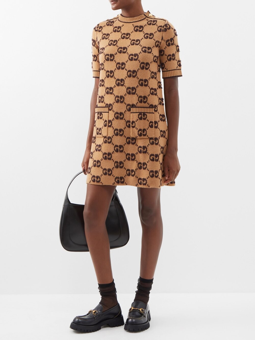 

Платье мини из шерсти с жаккардовым узором gg Gucci, бежевый