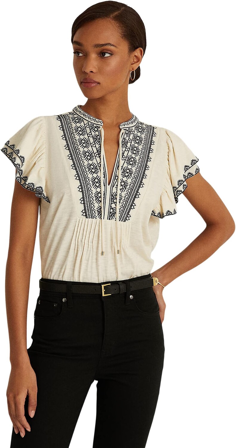 

Трикотажный топ Petite Slub с развевающимися рукавами LAUREN Ralph Lauren, цвет Mascarpone Cream/Polo Black