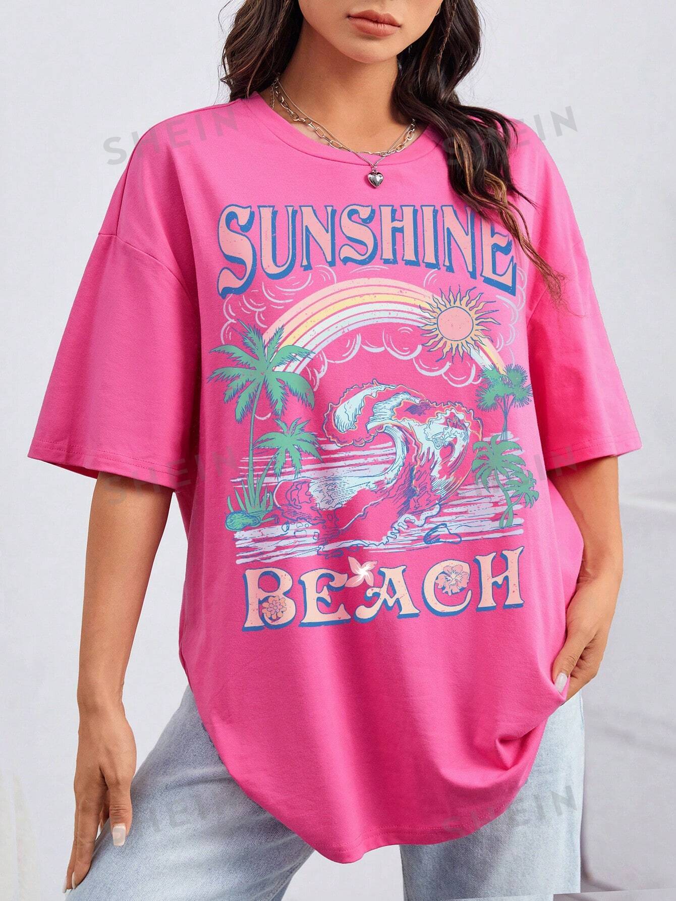 SHEIN EZwear Повседневная простая женская футболка с круглым вырезом и короткими рукавами с широким островным принтом, розовый