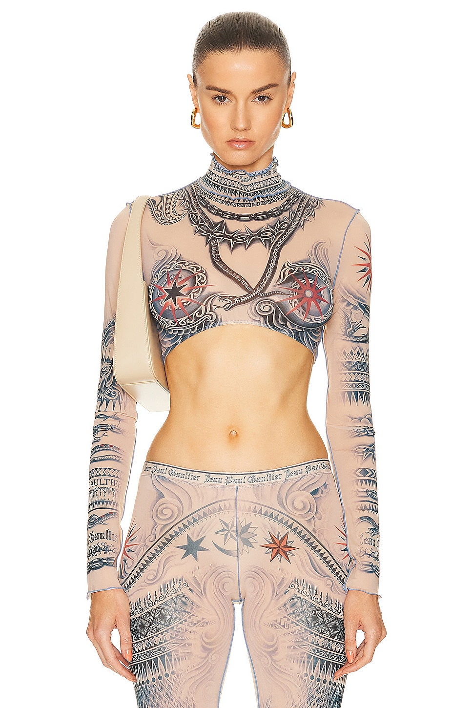 цена Топ Jean Paul Gaultier Printed Soleil Long Sleeve High Neck Cropped, цвет Nude, Blue, & Red