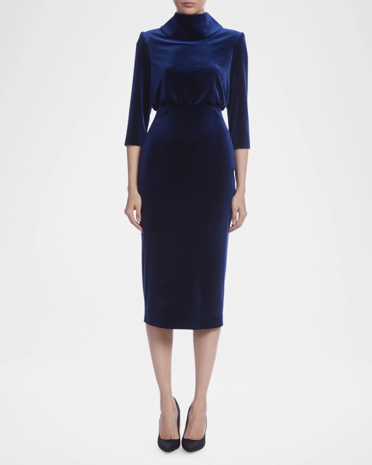

Бархатное платье-футляр миди с высоким воротником Badgley Mischka Collection, темно-синий