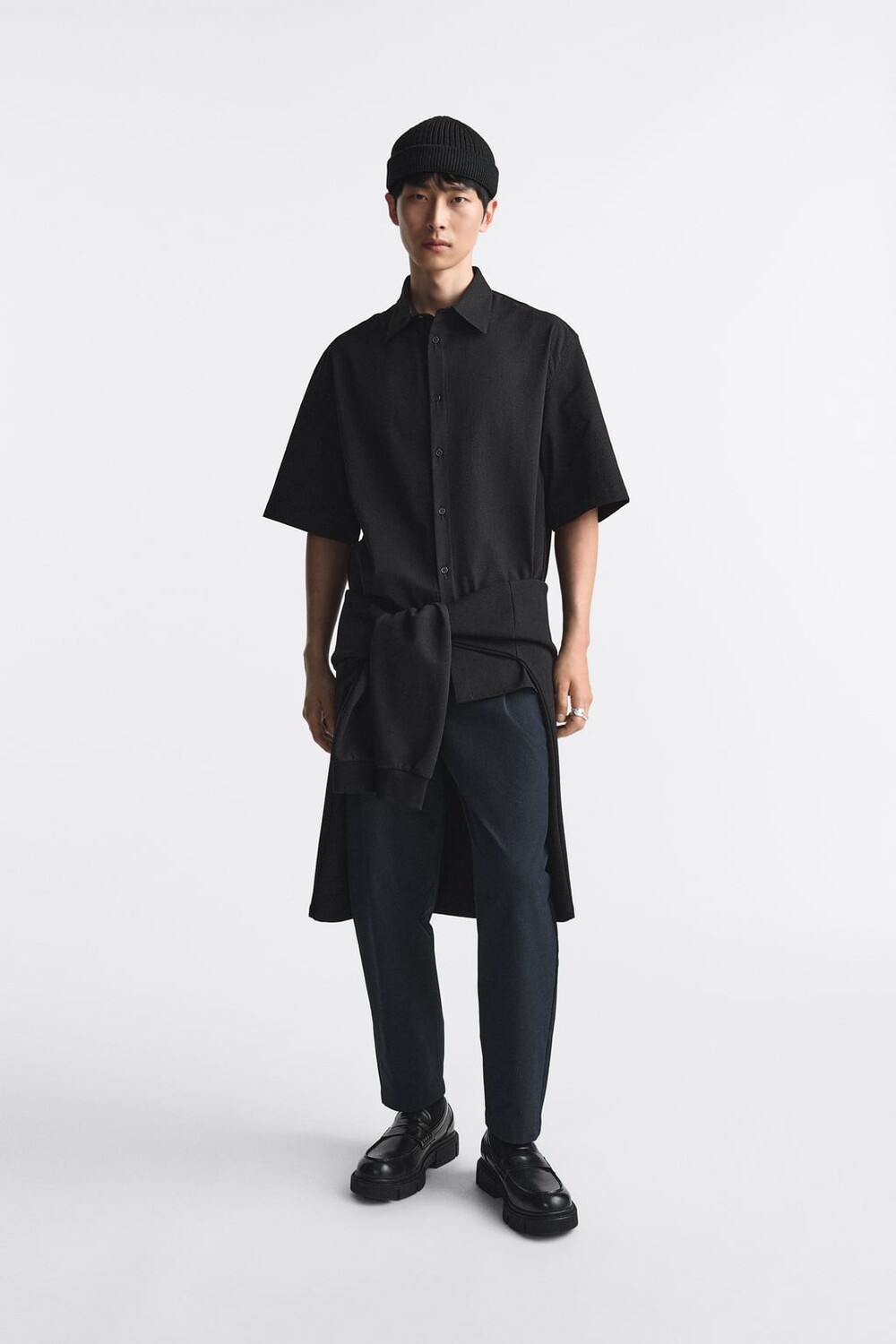 

Плиссированные брюки из жатого хлопка ZARA, темно-синий