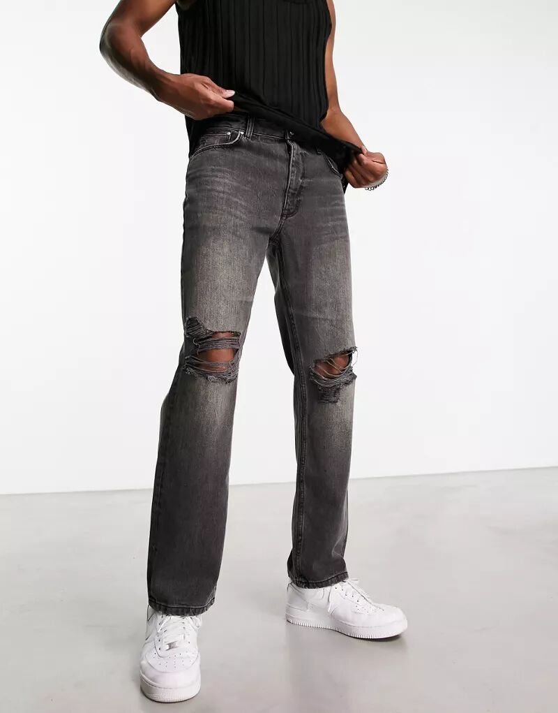 Черные рваные джинсы прямого кроя ASOS