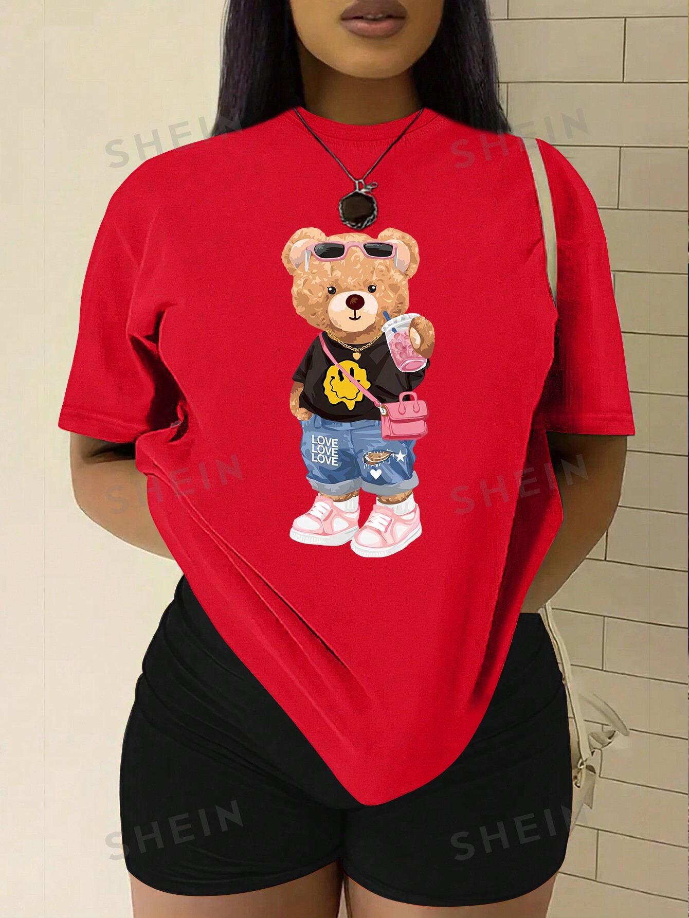 Футболка SHEIN Slayr с принтом Тедди и мультяшным рисунком, красный shein футболка с короткими рукавами и принтом slayr апельсин