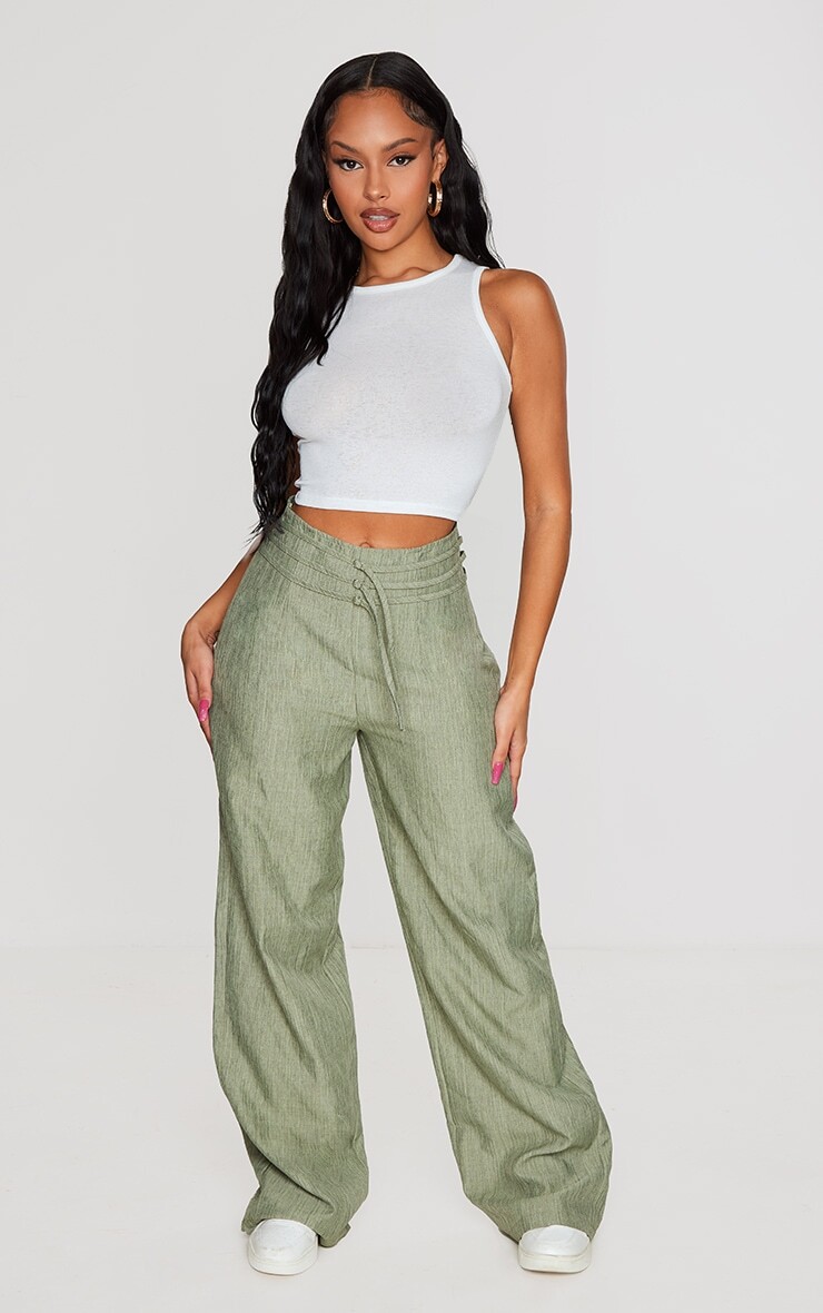 

PrettyLittleThing Льняные прямые брюки цвета хаки с завязками спереди