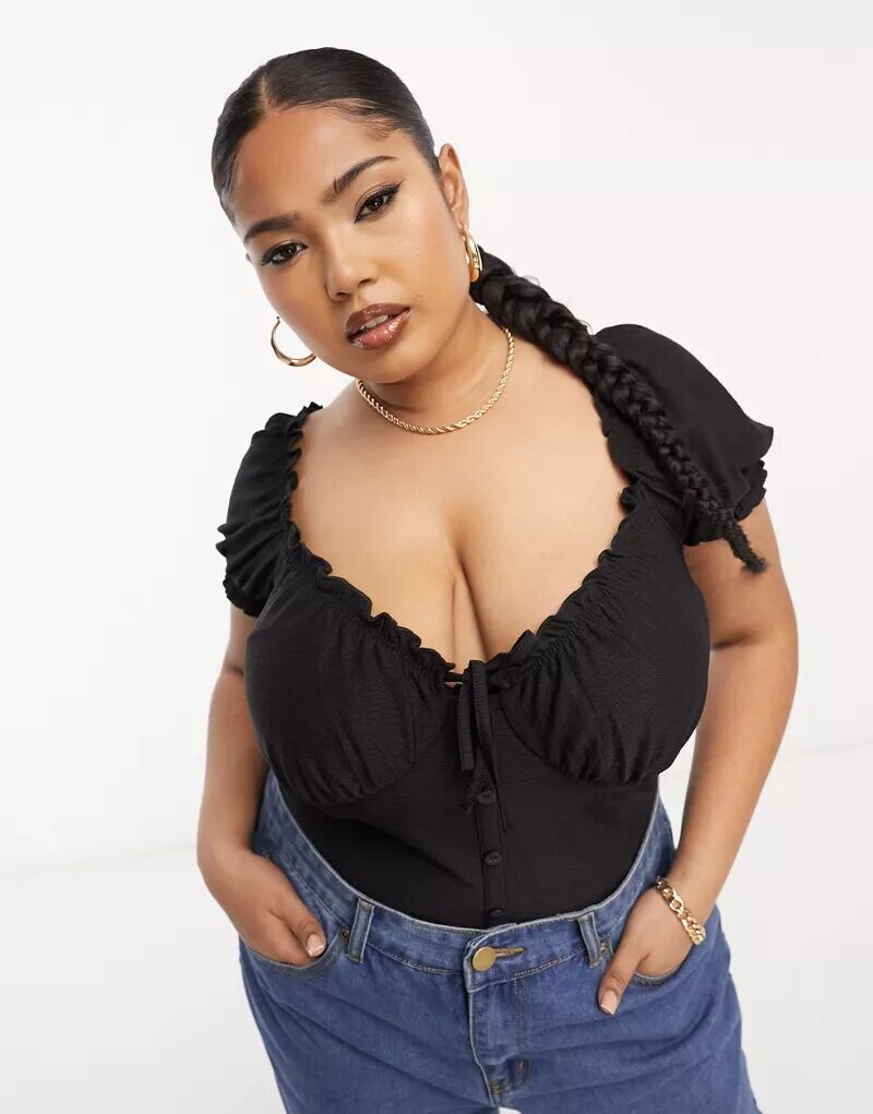 

Черное боди доярка с короткими рукавами ASOS DESIGN Curve