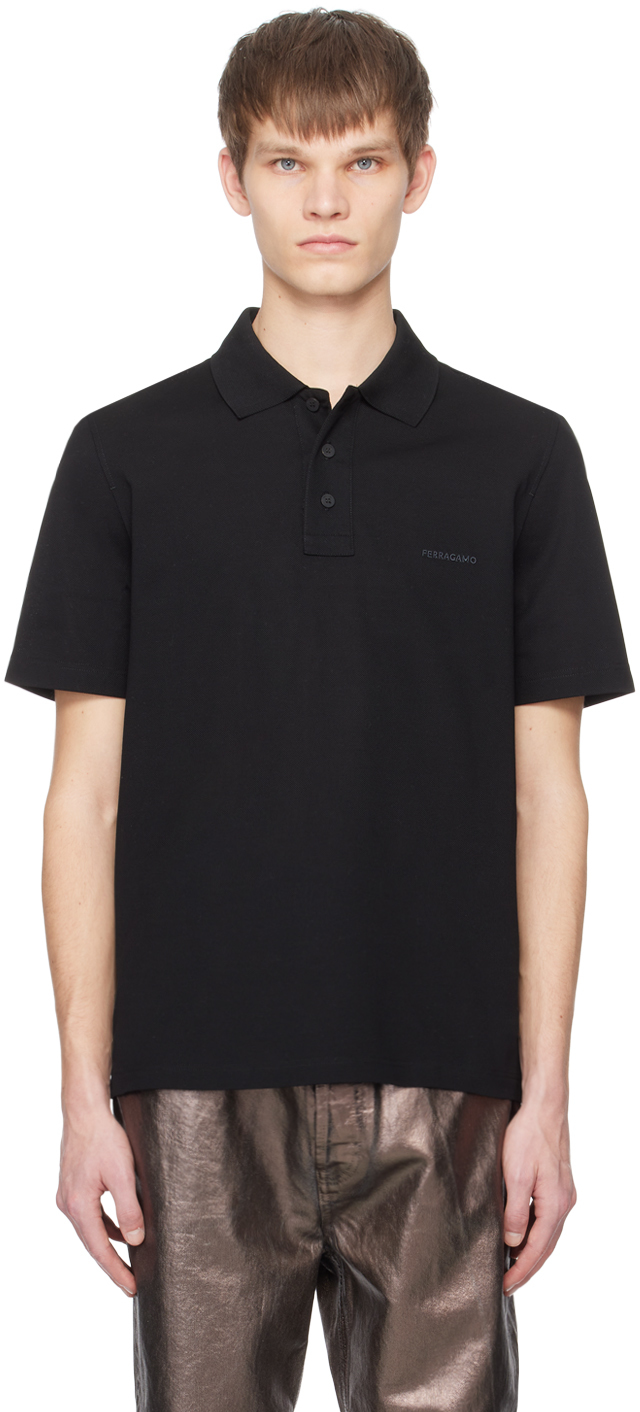 Черная футболка-поло с вышивкой Ferragamo, цвет Nero