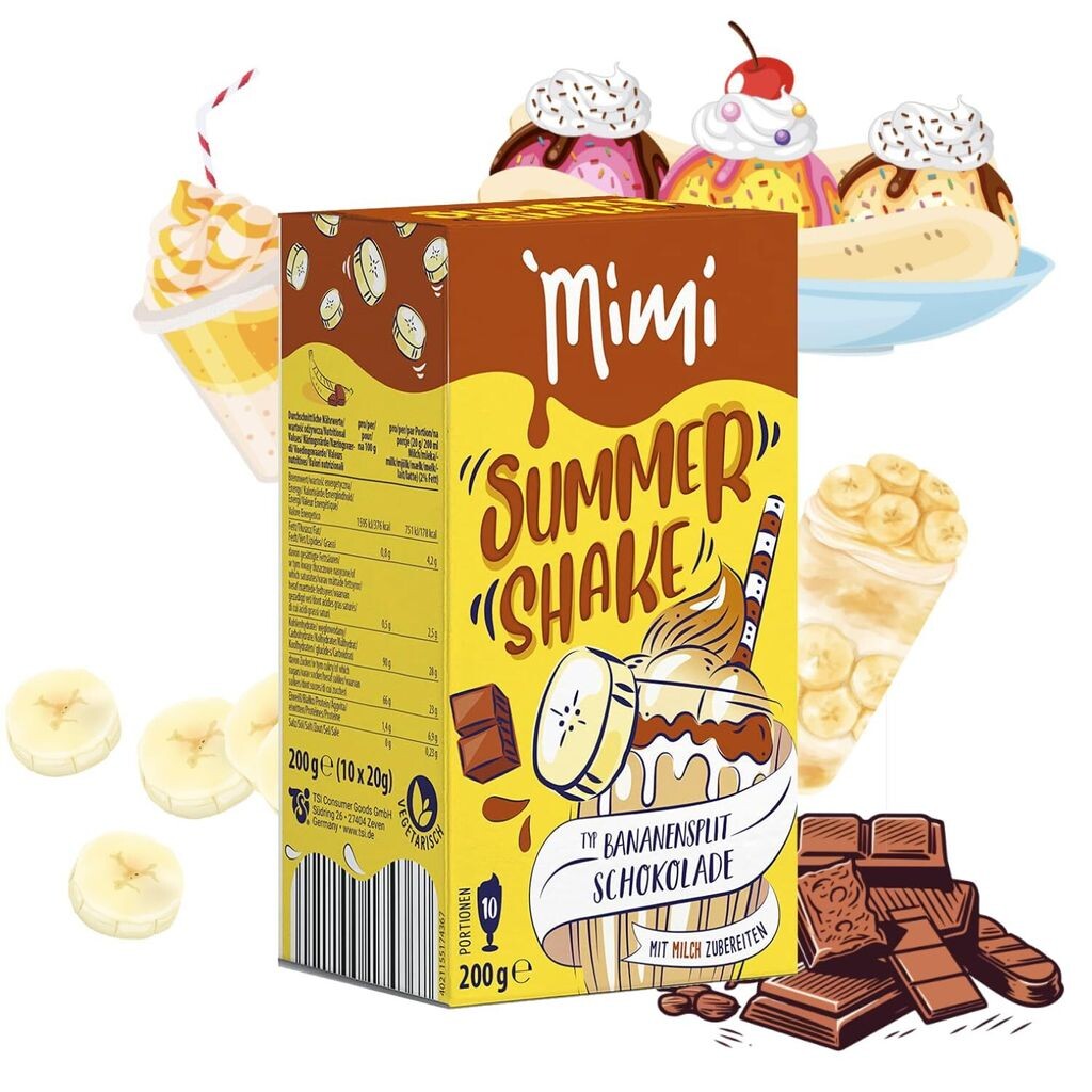 

MIMI Summer Shake Banana Split Chocolate 8 x 200 г, 10 порций — освежающий летний напиток, растворимый в холодном виде. Идеально подходит для отдыха Tsi Consumer Goods