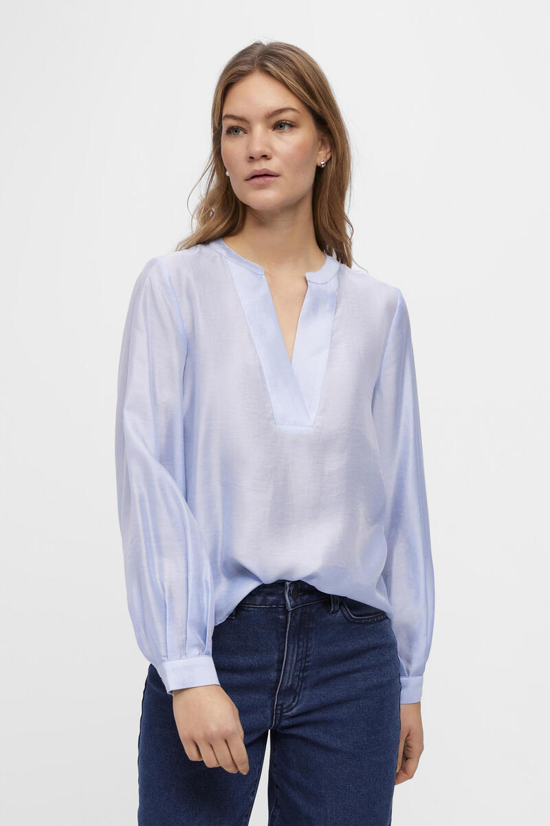 Блузка с длинными рукавами и V-образным вырезом Object, синий блузка с v образным вырезом и длинными рукавами 4 xl белый