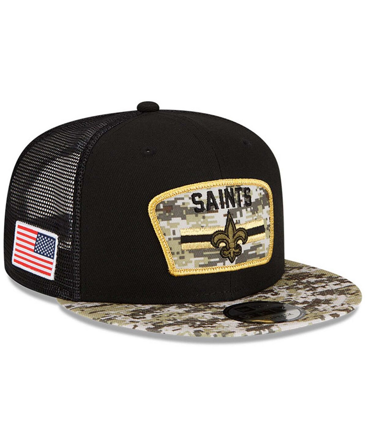 

Мужская черная камуфляжная регулируемая кепка New Orleans Saints 2021 Salute To Service Trucker 9FIFTY Snapback New Era