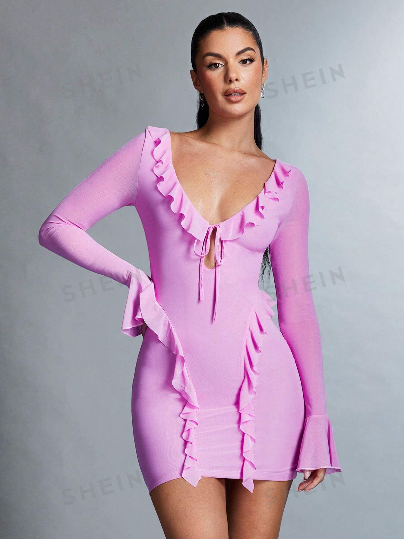 цена SHEIN BAE Женское платье с завязками спереди и длинными рукавами с оборками по подолу, розовый