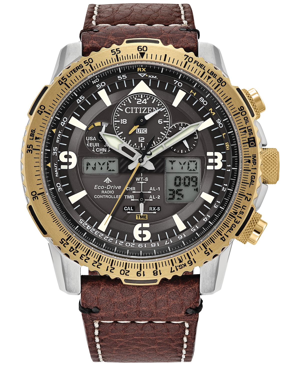 Мужские часы Eco-Drive Promaster Skyhawk с хронографом на коричневом кожаном ремешке, 45 мм Citizen