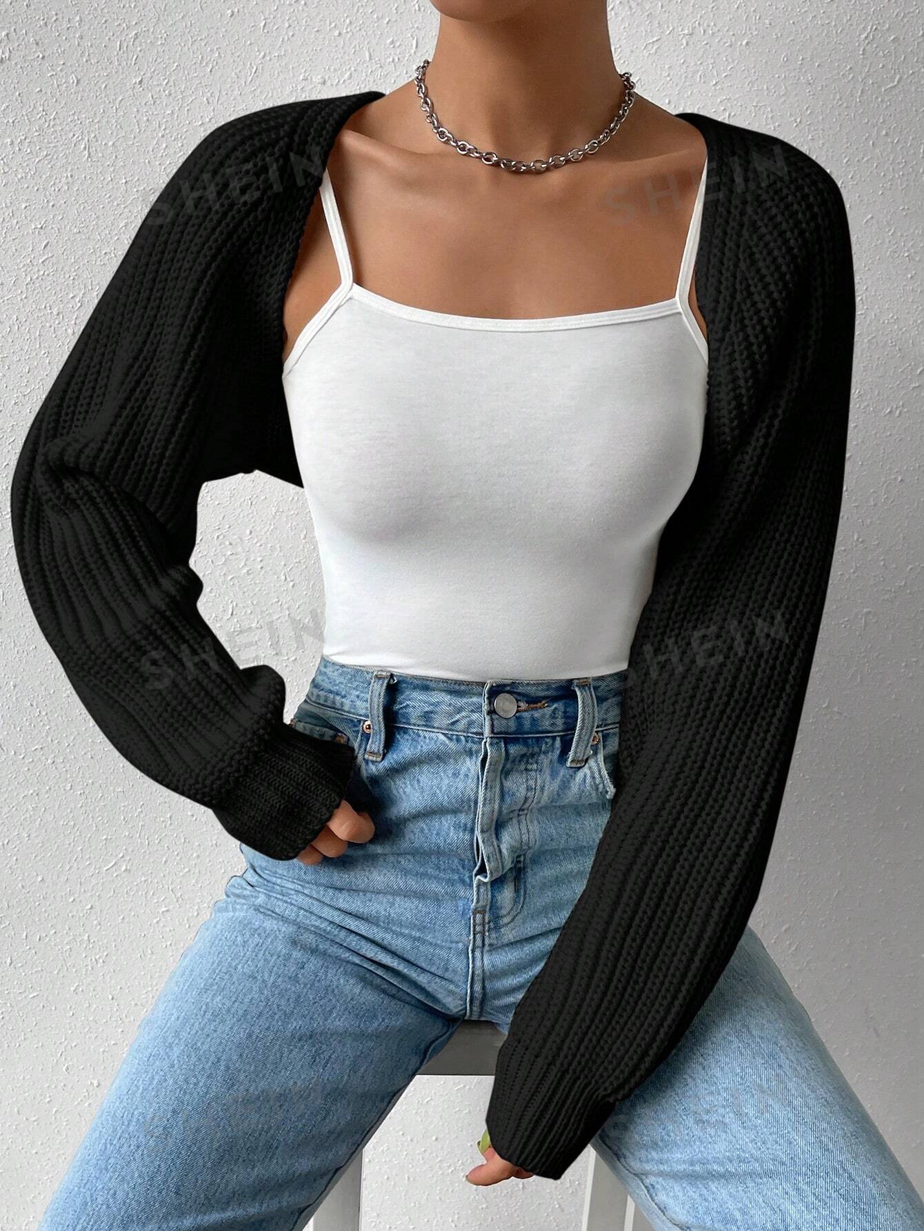 SHEIN EZwear Однотонный базовый укороченный кардиган с открытой передней частью, черный shein ezwear женский однотонный комбинезон без рукавов с квадратным вырезом коричневый