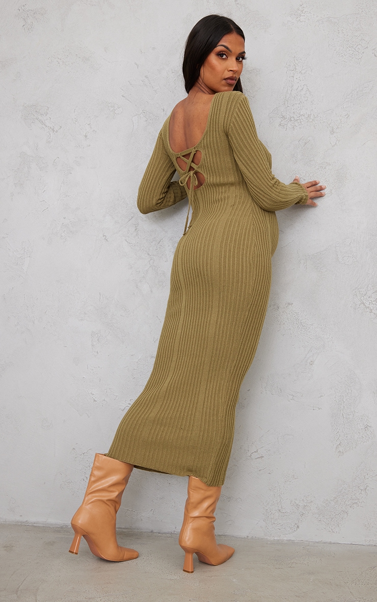 PrettyLittleThing Вязаное облегающее платье Midaxi с завязкой на спине цвета хаки для беременных