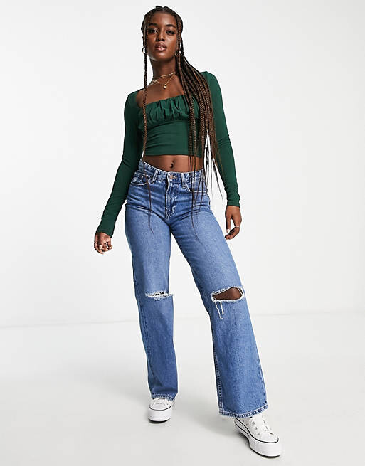 

Зеленый лесной топ с длинными рукавами и сборками на груди ASOS DESIGN