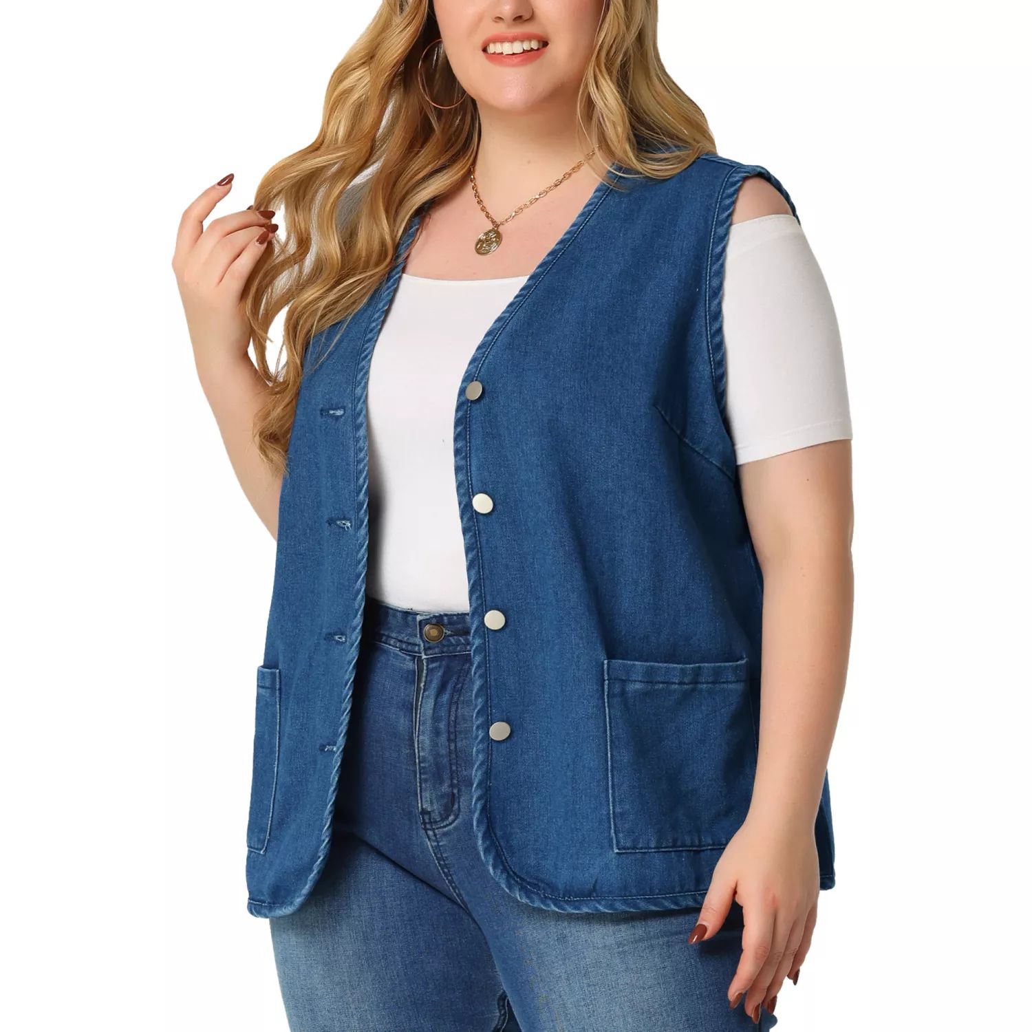 Женская джинсовая куртка без рукавов больших размеров с V-образным вырезом и пуговицами Agnes Orinda, серый/синий