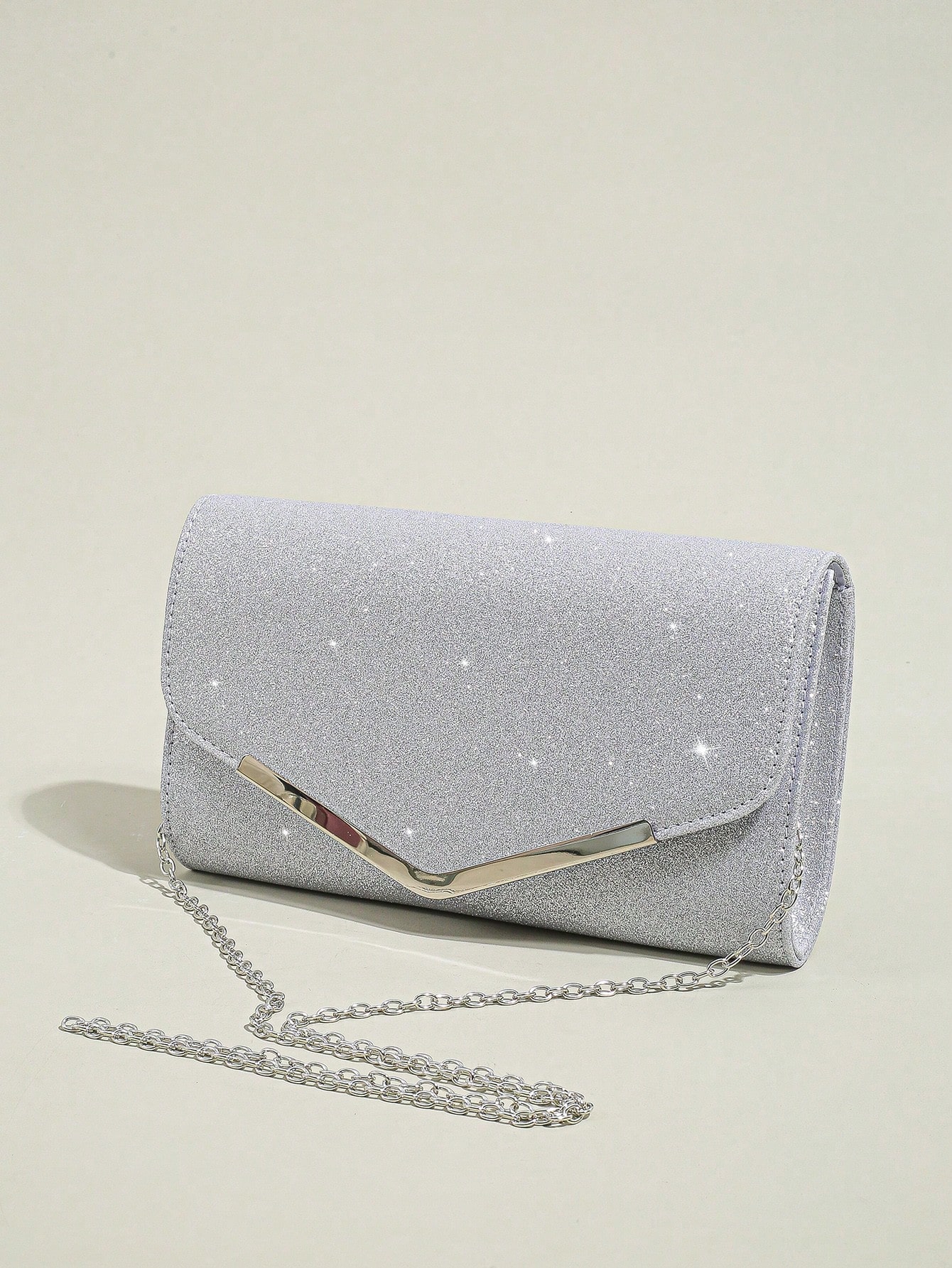 Блестящий вечерний кошелек-клатч-конверт со съемным ремешком-цепочкой, серебро