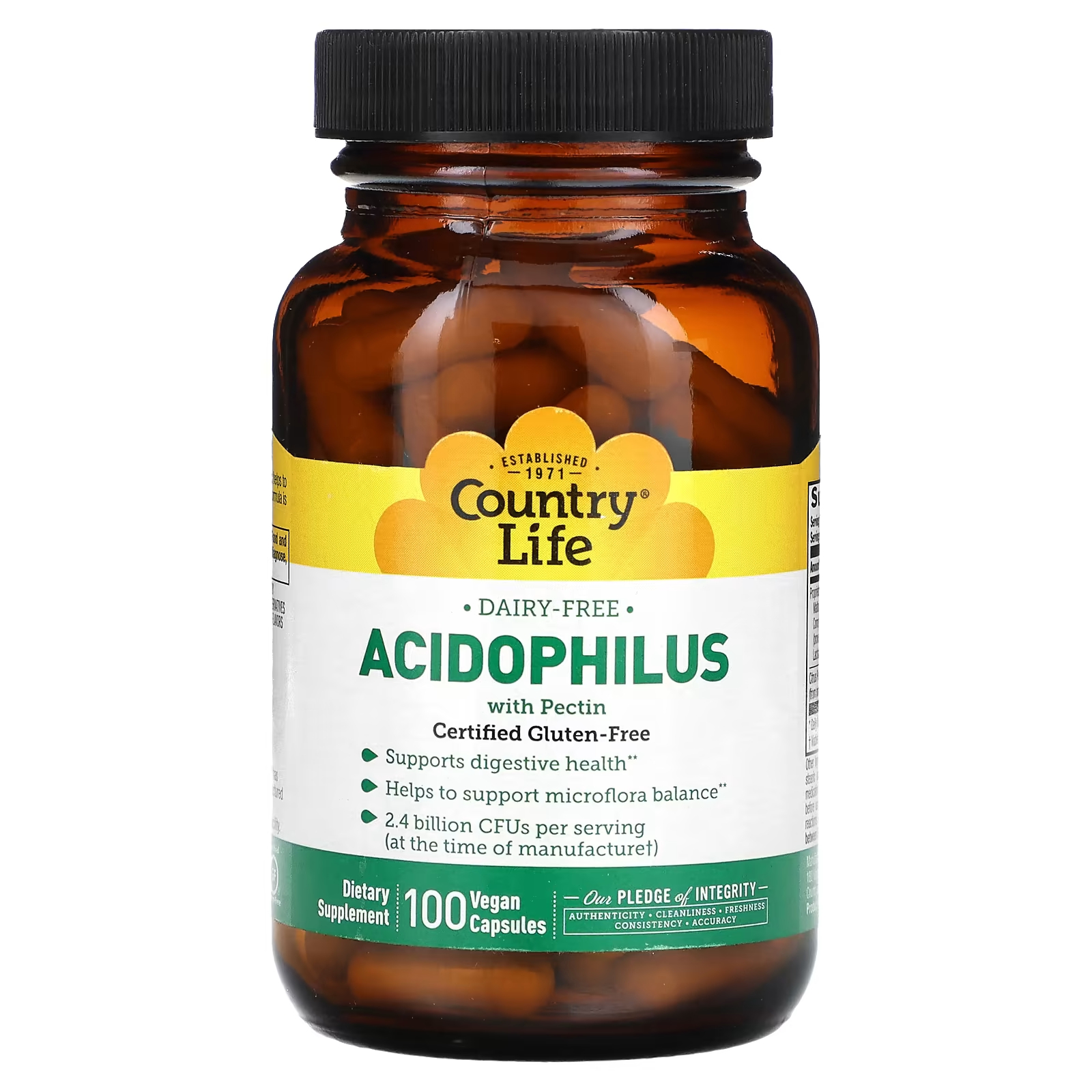 Пищевая добавка Country Life Acidophilus с пектином, 100 веганских капсул mason natural пробиотик с ацидофильными лактобактериями acidophilus с пектином 100 капсул