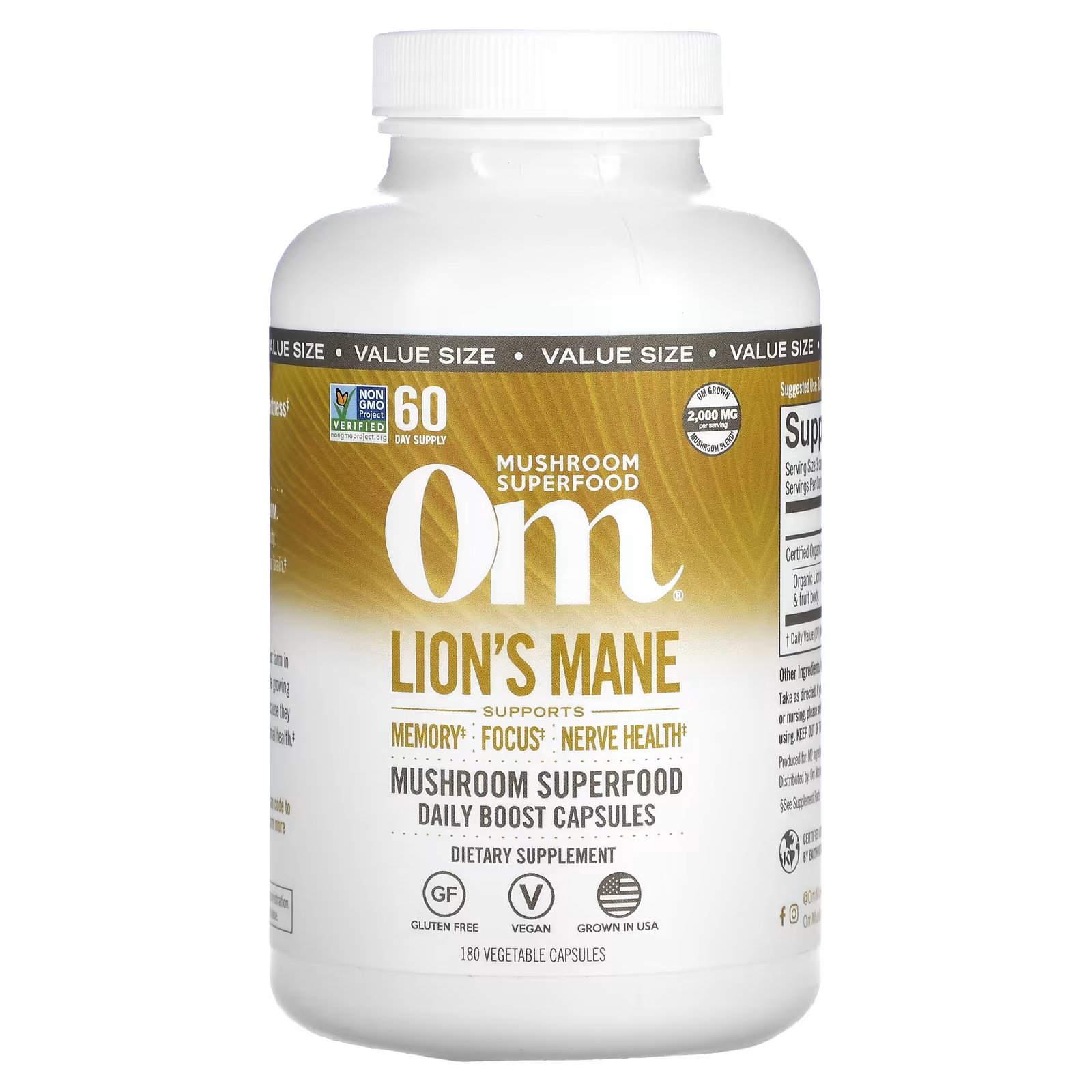 Суперпродукт Om Mushrooms Lion’s Mane 2000 мг, 180 растительных капсул