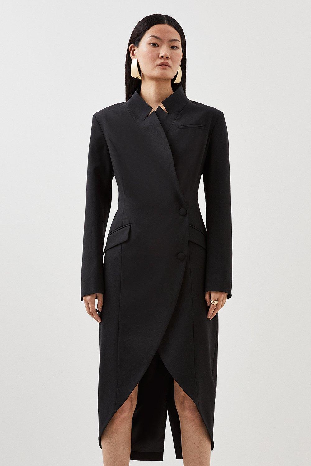 Приталенное пальто-смокинг из шерстяной смеси с карманами Karen Millen, черный