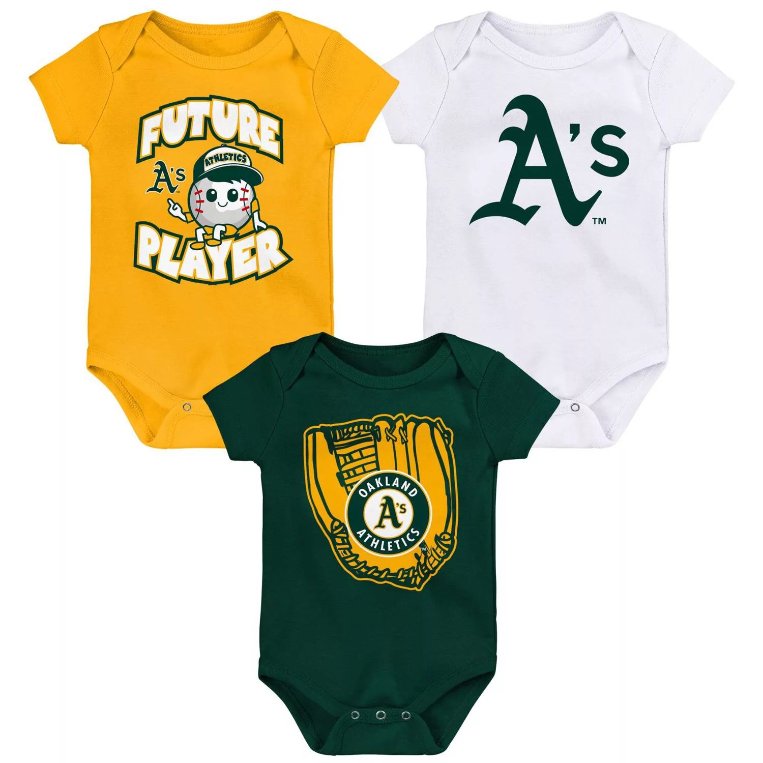 Набор из трех боди для новорожденных и младенцев золотого/зеленого/белого цвета Oakland Athletics Minor League Player Outerstuff