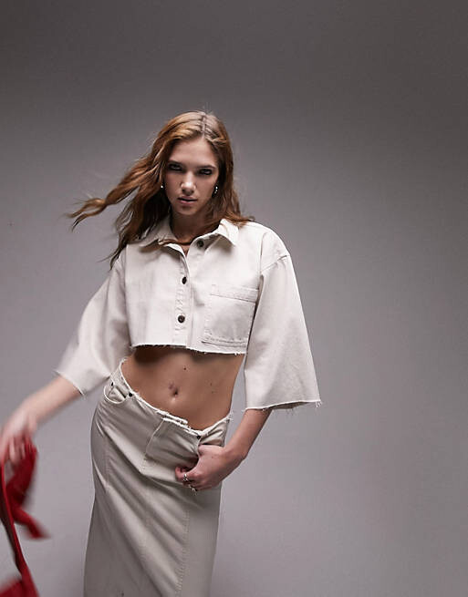 

Белая укороченная джинсовая рубашка Topshop